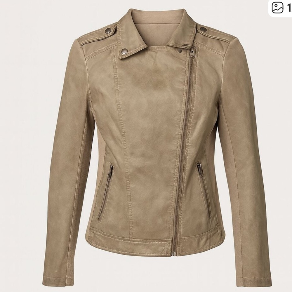 Sebby Collection Faux Leather Moto Jacket Taupe Distressed Sz XL Vegan